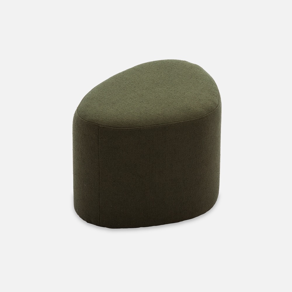 Tabouret. Pouf en forme de galet en tissu kaki foncé. Tao l 60 x p 44 x h 40cm