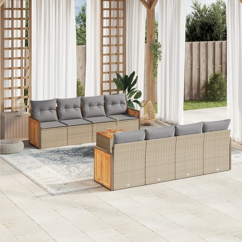 Salon de jardin avec coussins 9 pcs beige résine tressée
