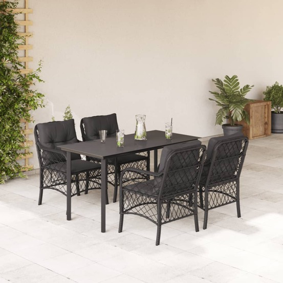 Ensemble à manger de jardin coussins 5pcs noir résine tressée