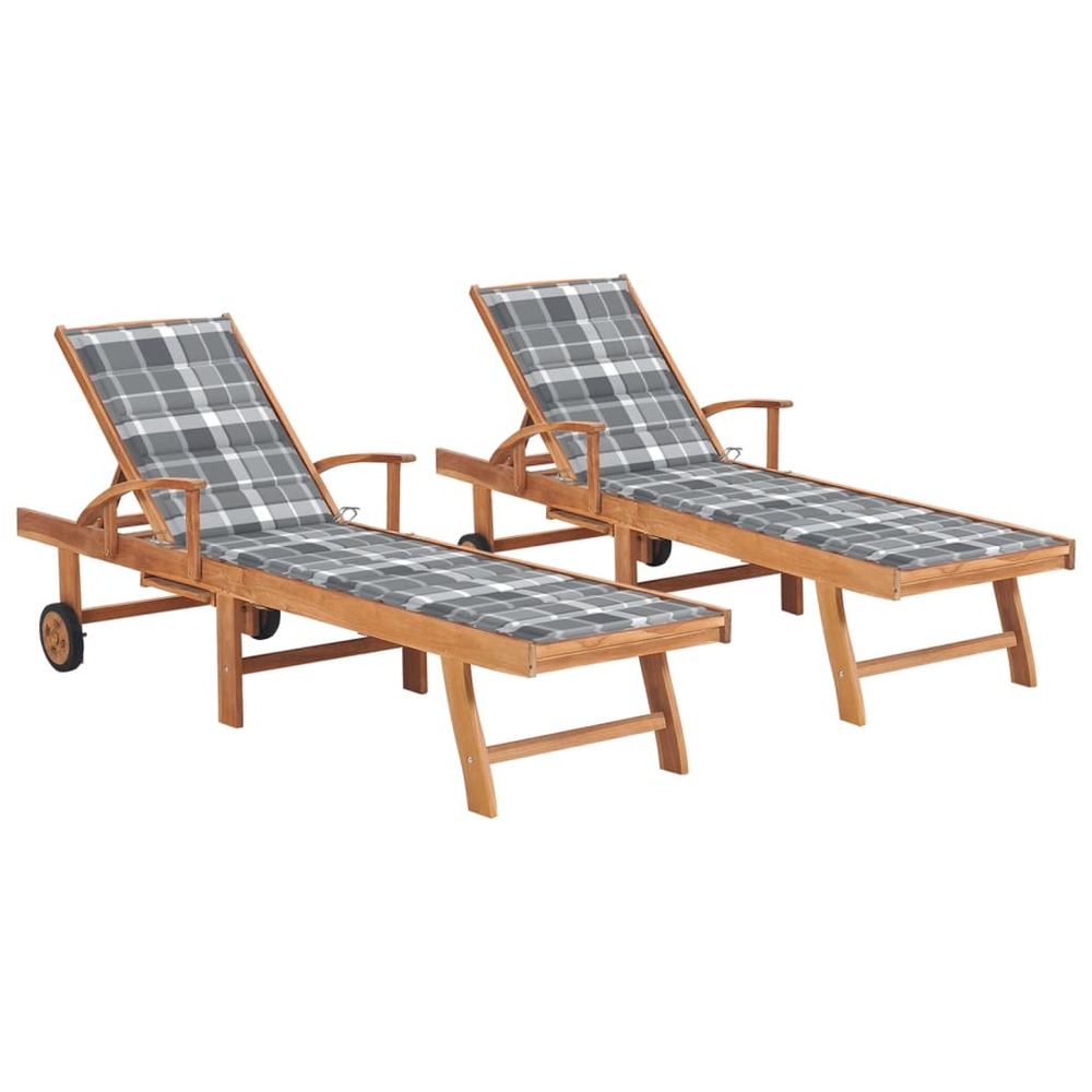 Lot de 2 transats chaise longue bain de soleil lit de jardin terrasse meuble d'extérieur avec coussin carreaux gris teck soli