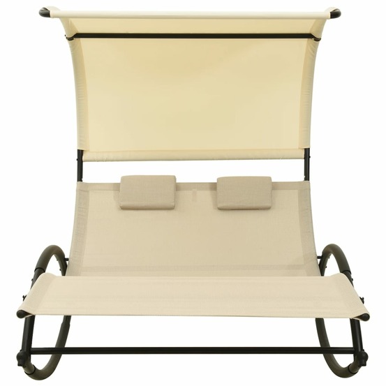 Chaise longue double avec auvent textilène crème