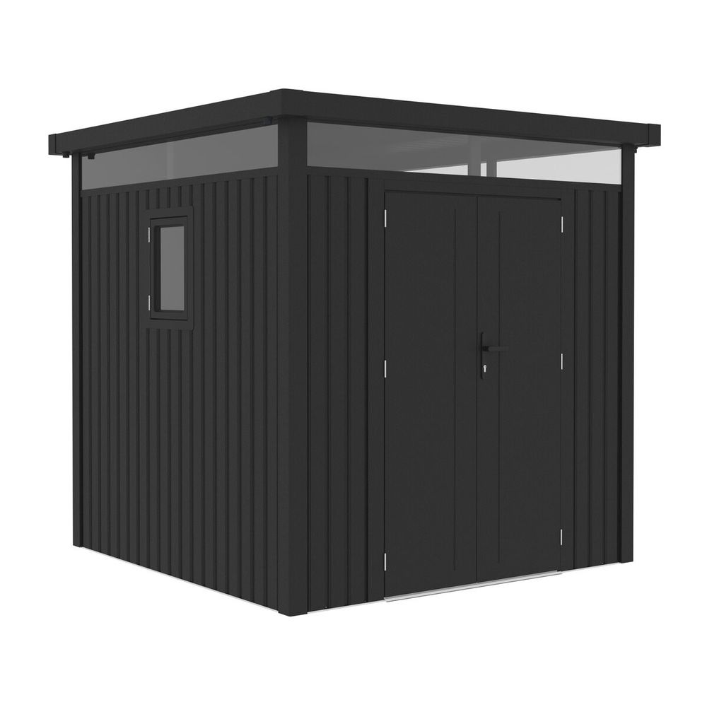 Abri de jardin métal premium avec toit plat et porte battante 