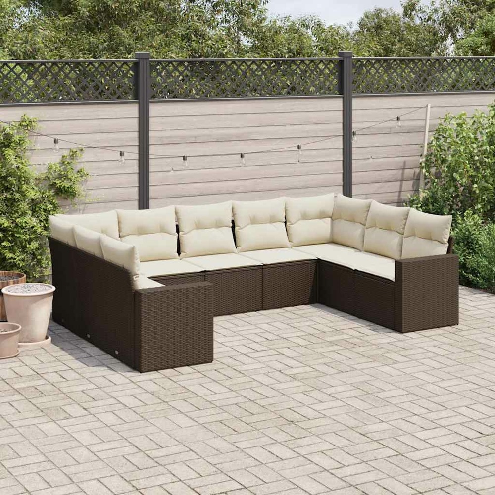 Salon de jardin avec coussins 9 pcs marron résine tressée