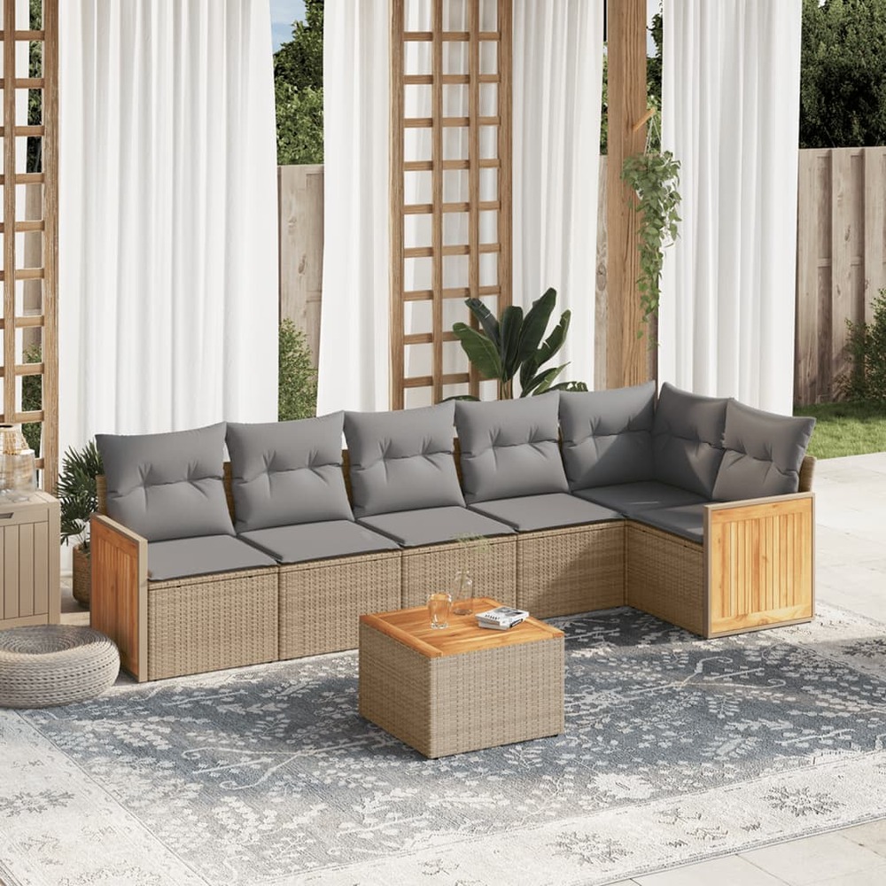 Salon de jardin avec coussins 7 pcs beige résine tressée