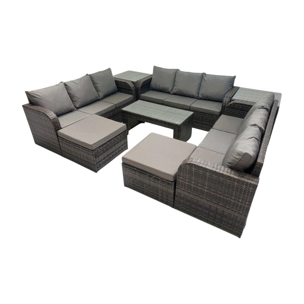 Salon de jardin 11 places meubles de jardin avec table basse 2 grand tabourets 2 tables d'appoint gris foncé mixte