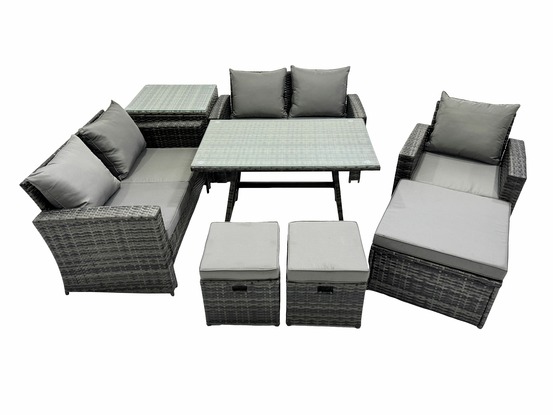 8 places ensemble de canapé en rotin extérieur avec table à manger canapé à deux places table d'appoint 3 tabourets gris foncé mixte