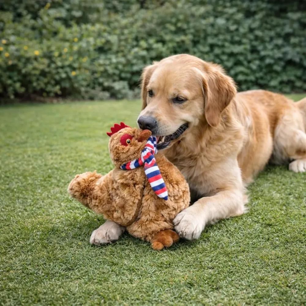 Jouet pour chien en forme de poule avec écharpe - gris ou marron