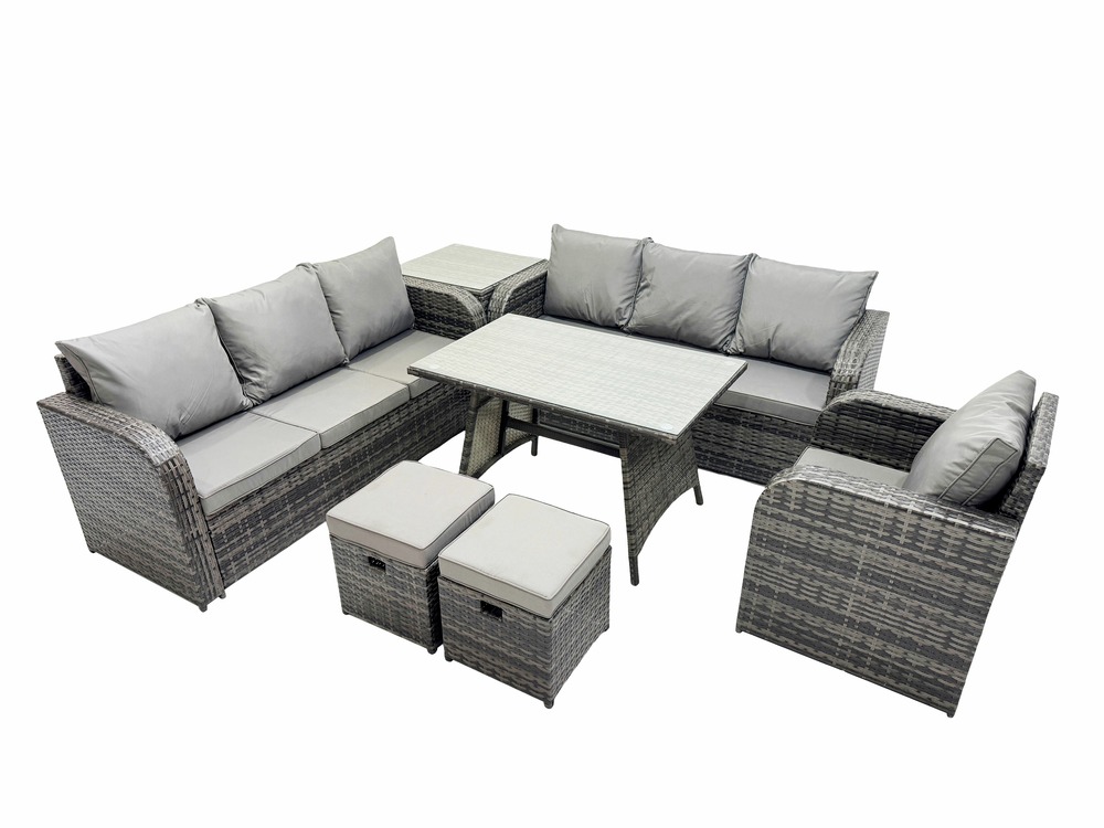 Ensemble de canapés en rotin salon de jardin avec table à manger chaise inclinable table d'appoint 2 petits tabourets