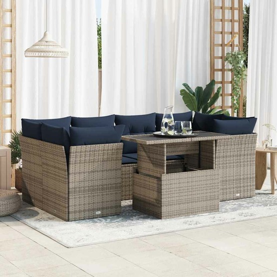 Salon de jardin avec coussins 7 pcs gris résine tressée acacia