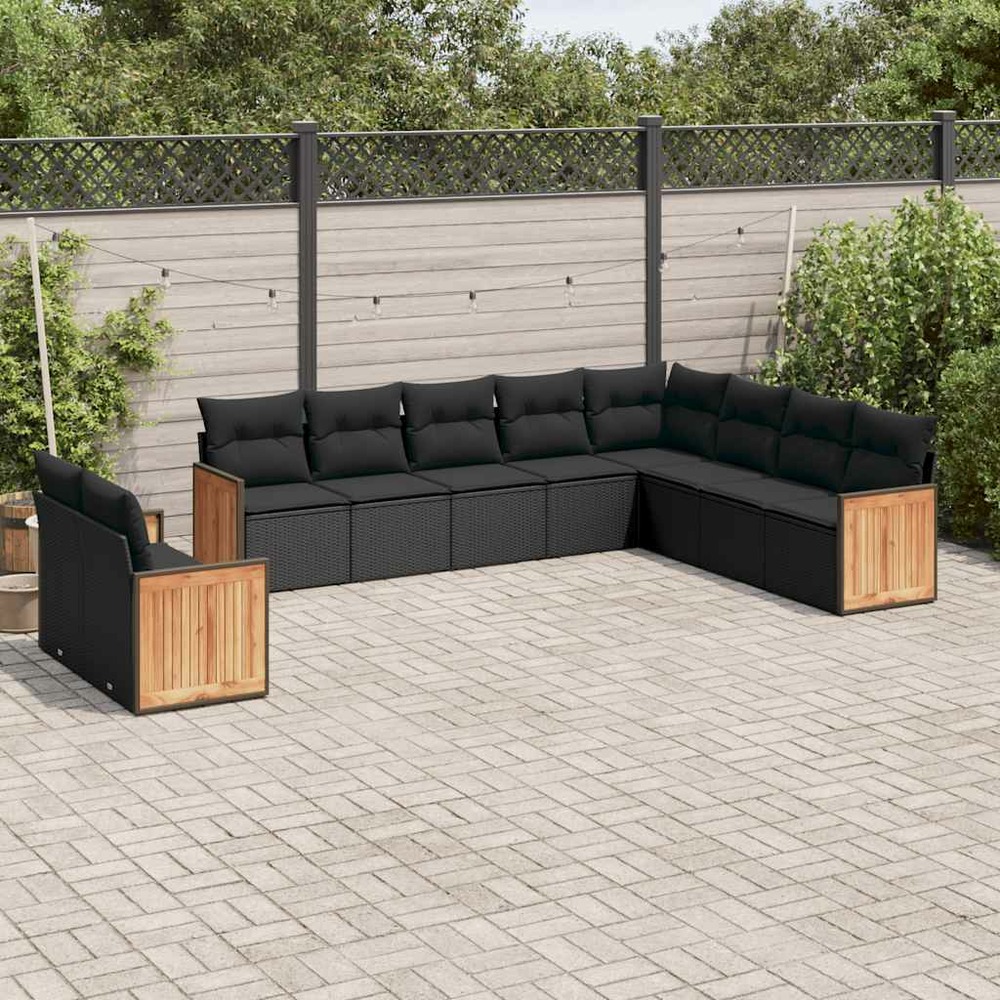 Salon de jardin 10 pcs avec coussins noir résine tressée