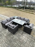 Mobilier de jardin extérieur pe rotin 8 places ave canapé table à manger réglable en hauteur 2 chaise mélange gris foncé