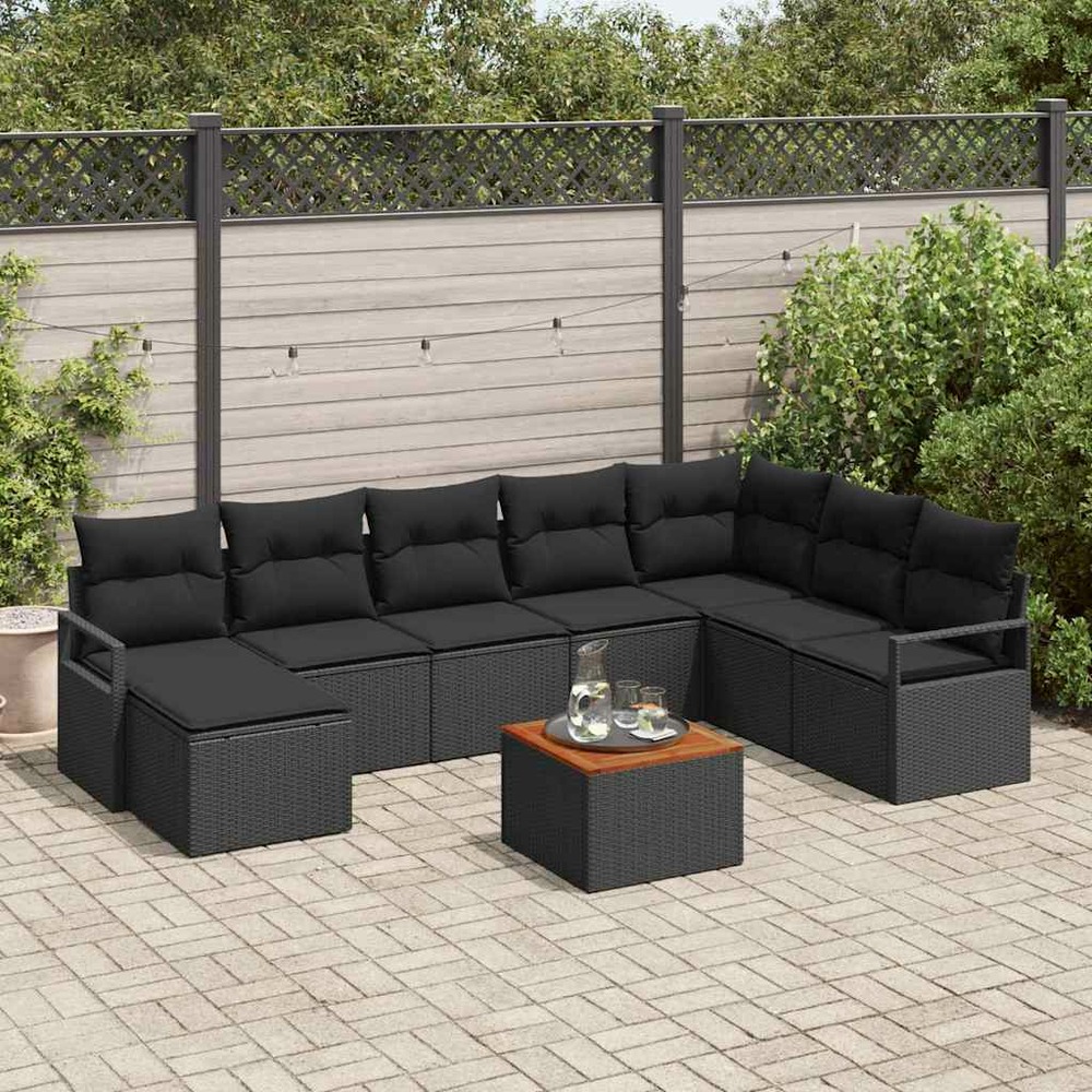 Ensemble de canapé de jardin avec coussin 9 pcs noir polyrotin