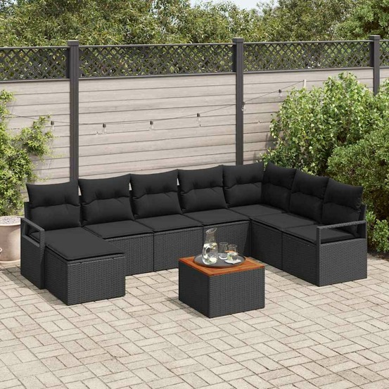 Ensemble de canapé de jardin avec coussin 9 pcs noir polyrotin