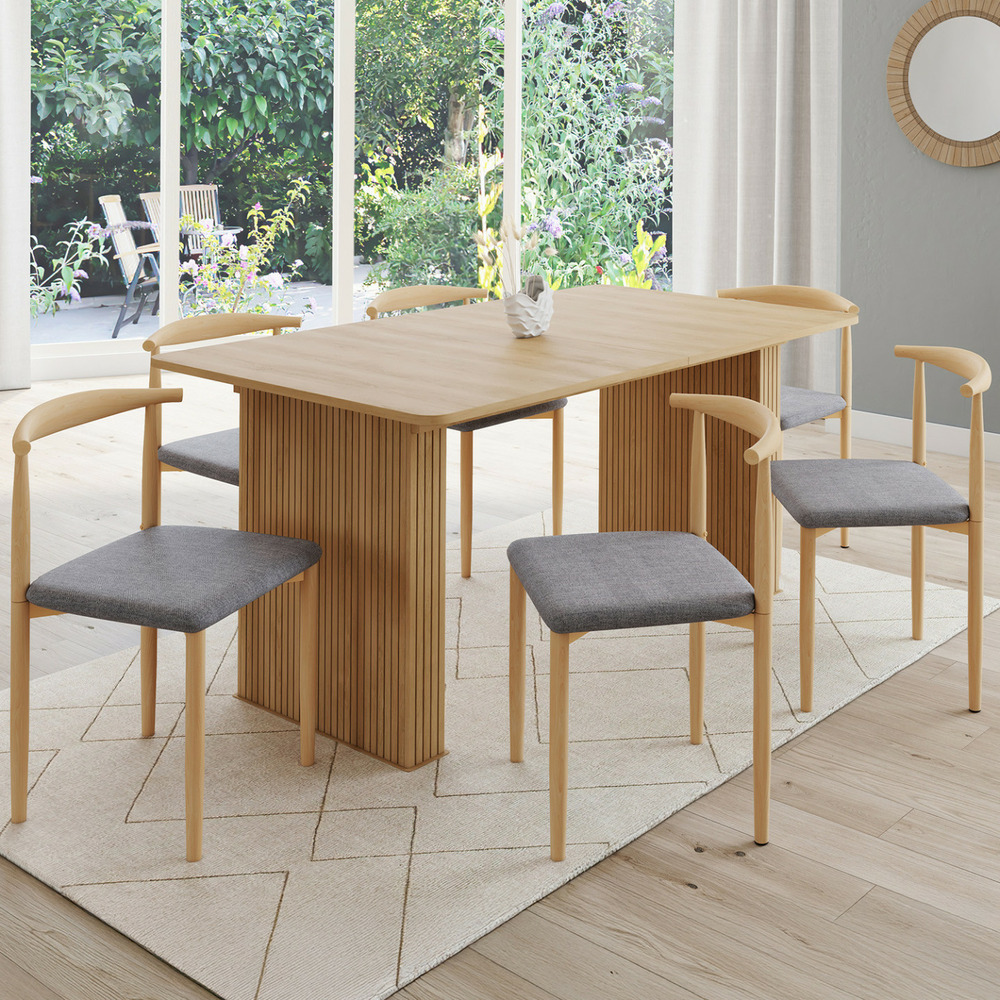 Lot de 6 chaises noe en imitation bois et assise en tissu gris clair pour salle à manger