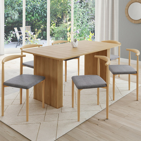 Lot de 6 chaises noe en imitation bois et assise en tissu gris clair pour salle à manger