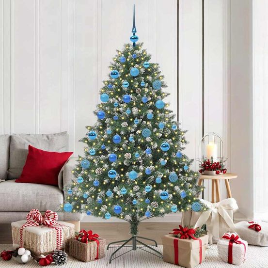 Sapin de noël lumineux 180 cm avec 300 led, kit déco complet avec pommes de pin naturelles