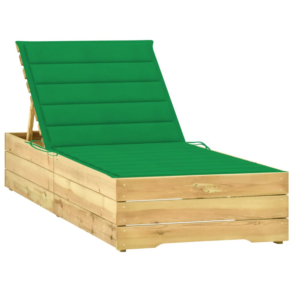 Chaise longue avec coussin vert bois de pin imprégné bain de soleil
