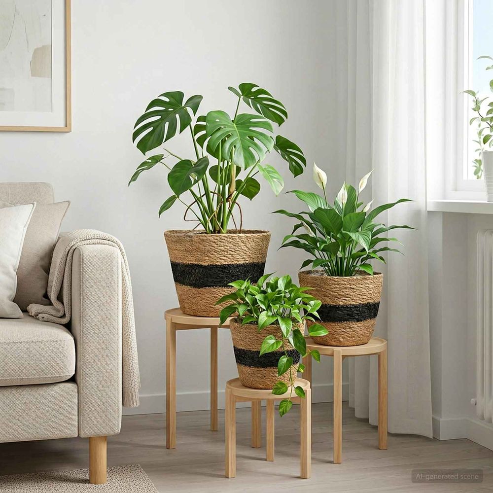 Lot de 3 paniers herbe marine pour terrasse texture osier naturel noir