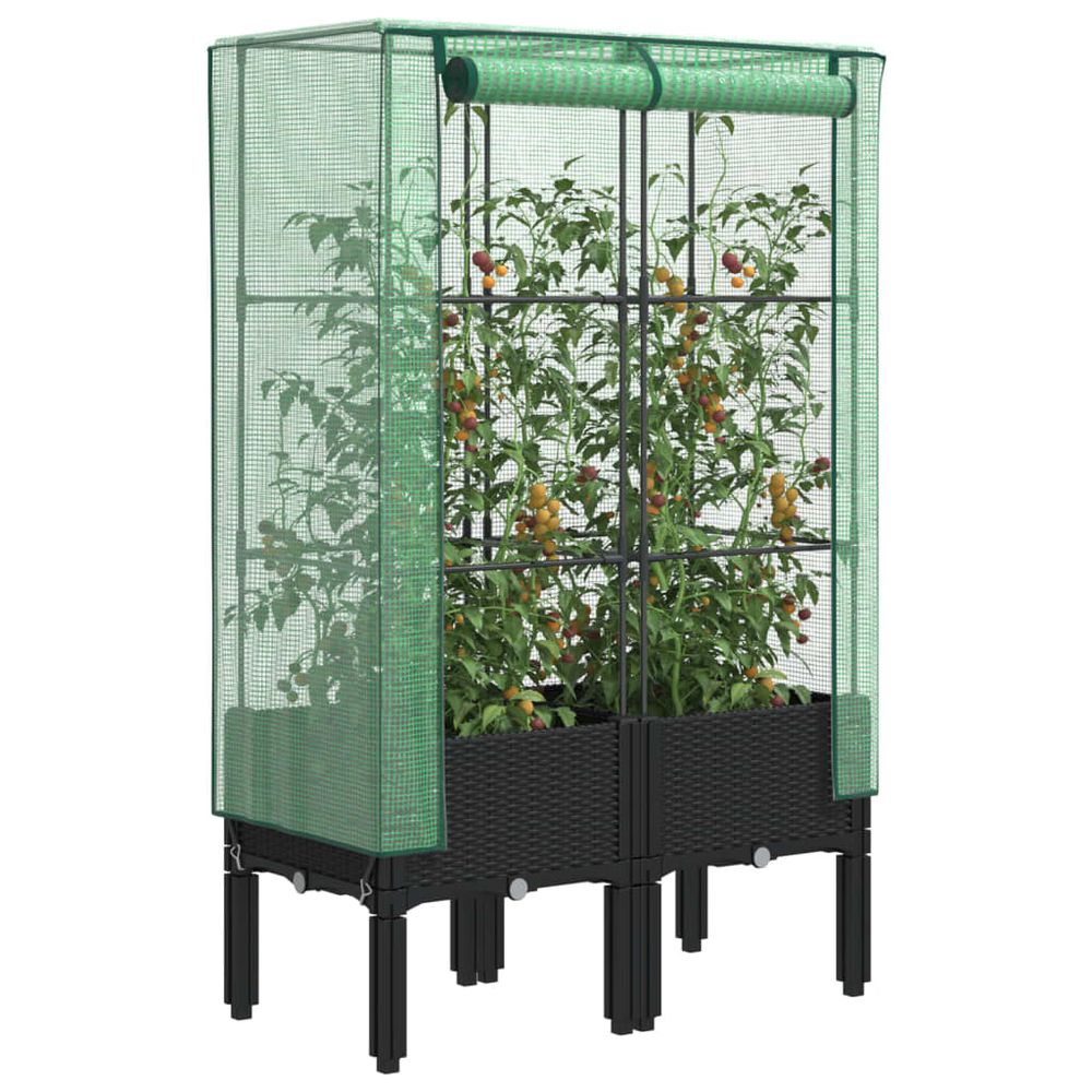 Carré potager sur pieds aspect rotin avec housse de protection 80x40x140 cm noir