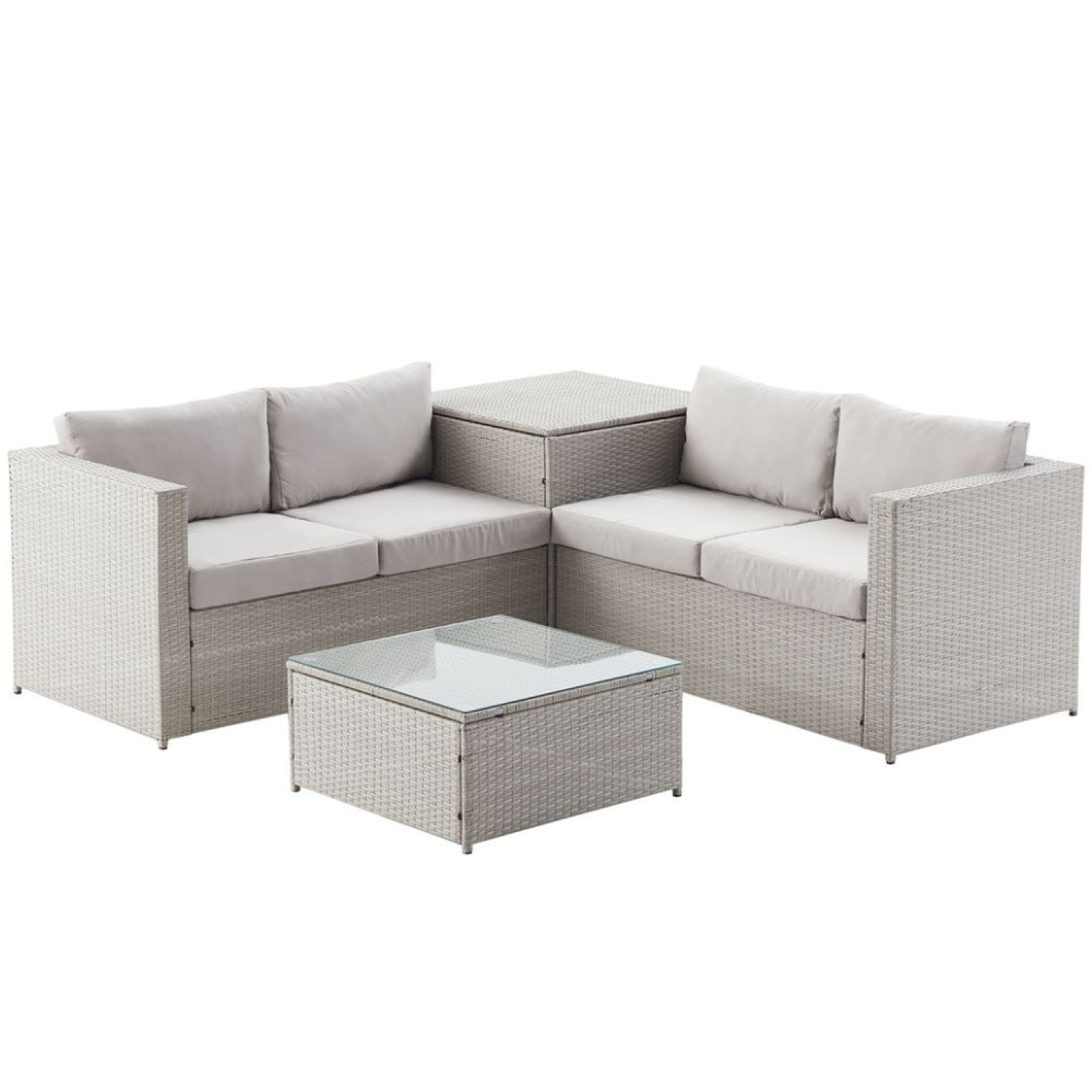 Salon de jardin en résine tressée 4 places avec coffre gris clair silang