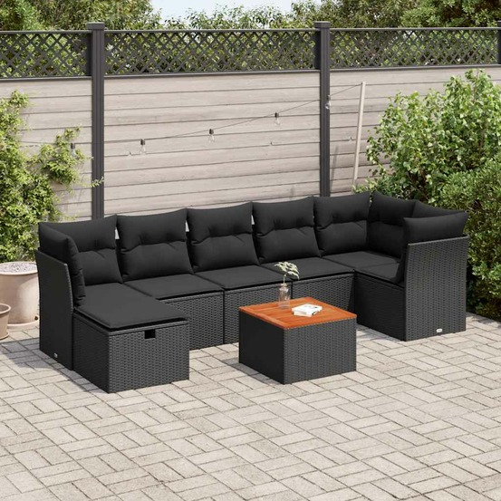 Salon de jardin 8 pcs avec coussins noir résine tressée