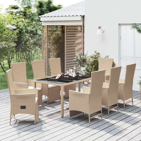 Ensemble à manger de jardin et coussins 9 pcs beige poly rotin