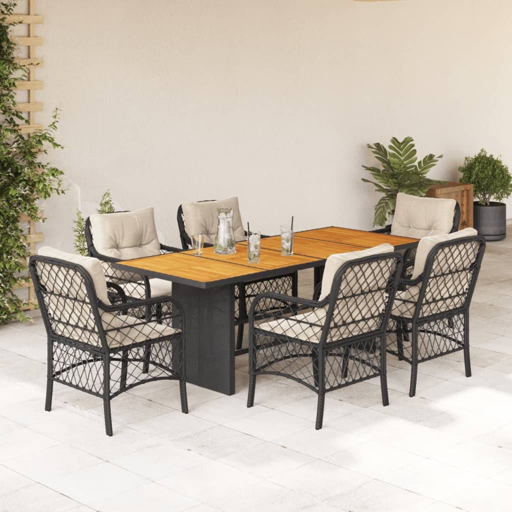 Ensemble à manger de jardin coussins 7pcs noir résine tressée