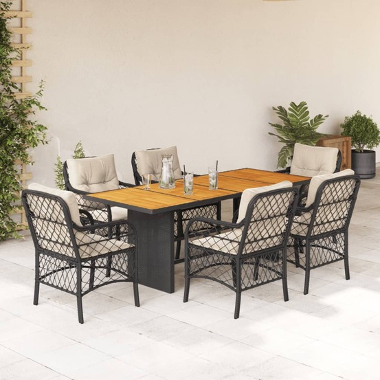 Ensemble à manger de jardin coussins 7pcs noir résine tressée