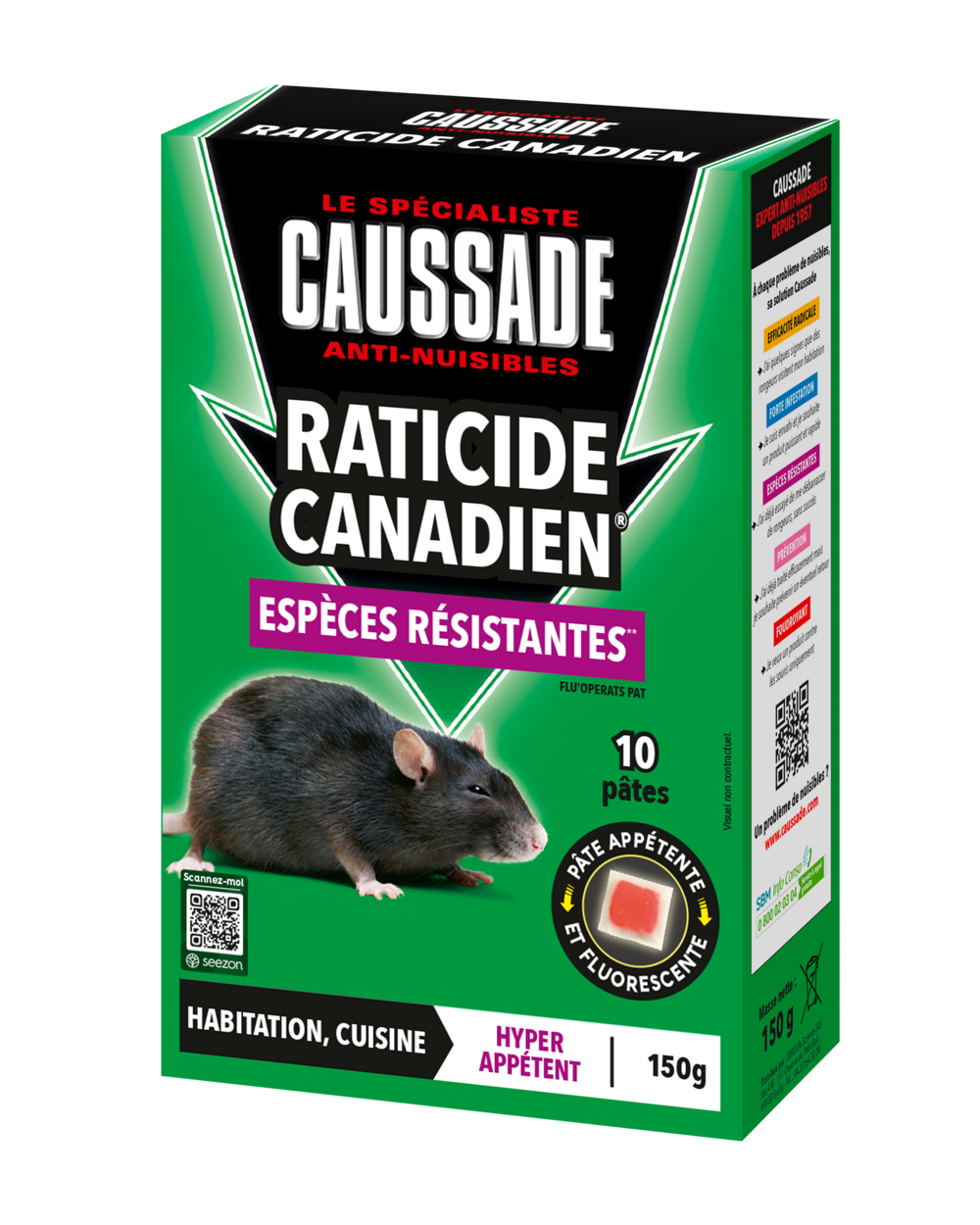 Caussade anti rats - 150g - efficacité radicale - spécial rats résistants - 10 pâtes fluorescentes - lieux secs et humides