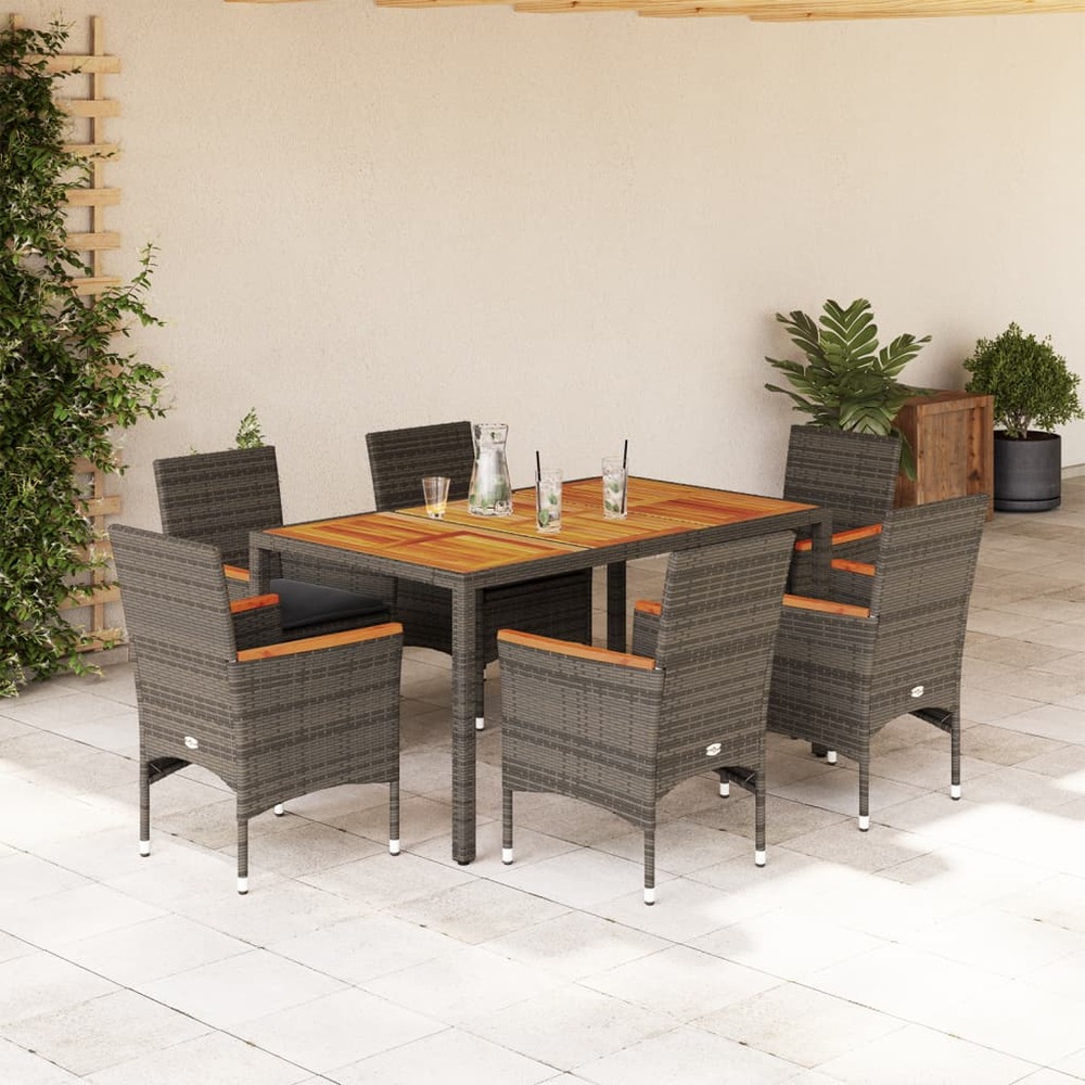 Ensemble à manger de jardin et coussins 7 pcs gris rotin acacia