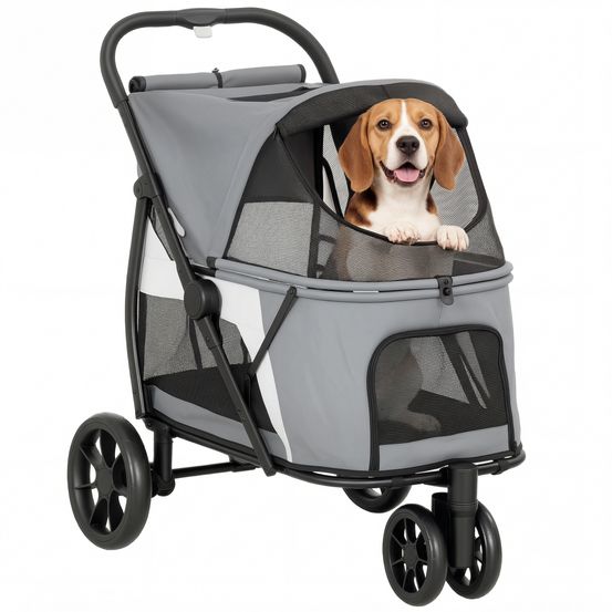 Poussette pour chien métal tissu oxford balade plein air pliable 3 roues gris