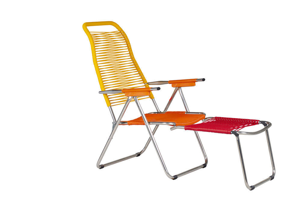Fauteuil/Transat relax - Spaghetti - alu. brut pvc orange/jaune/rouge - L.127/168xl.60xH.73/108cm
