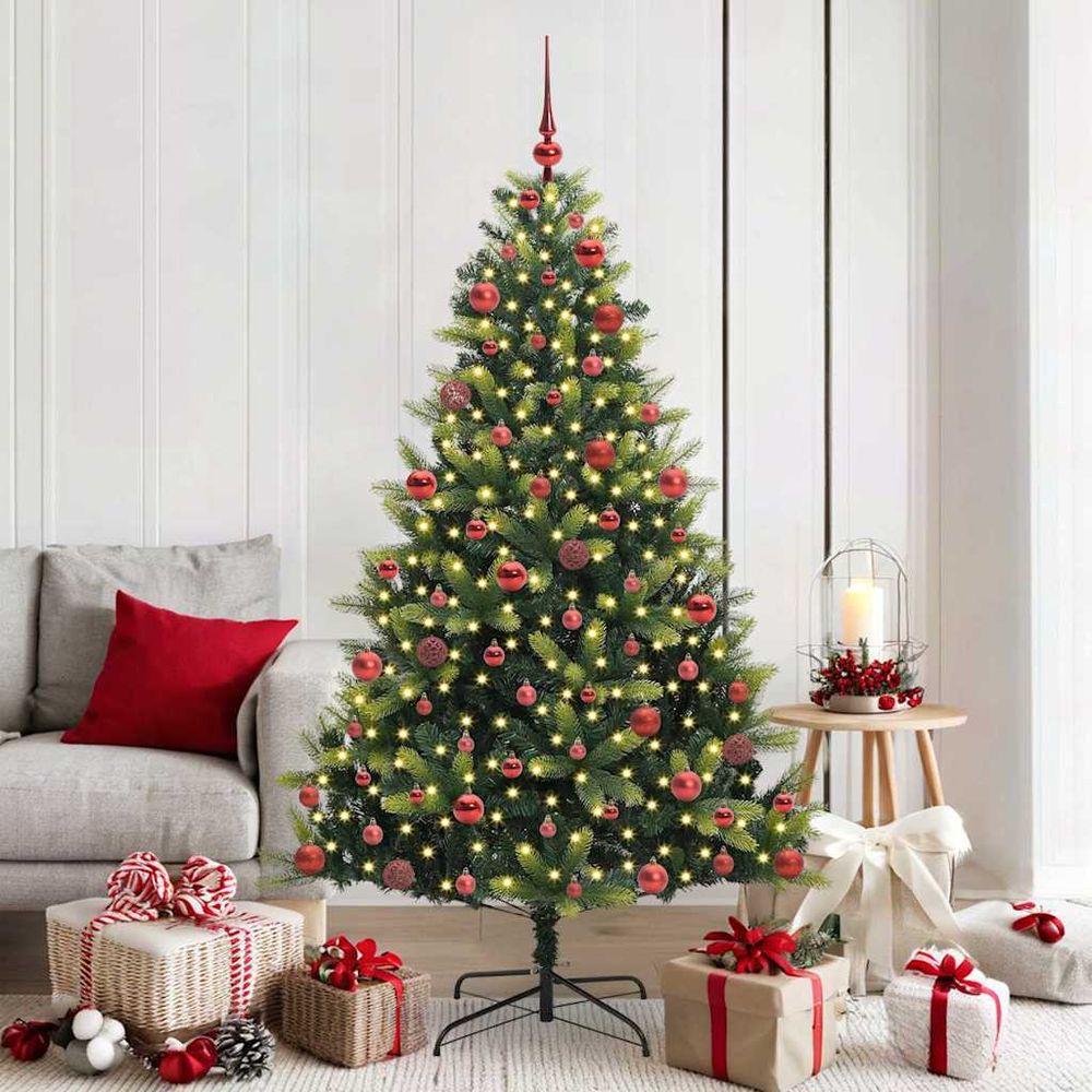 Sapin de noël lumineux 180 cm avec 300 led, kit tout compris avec 120 boules et support métal
