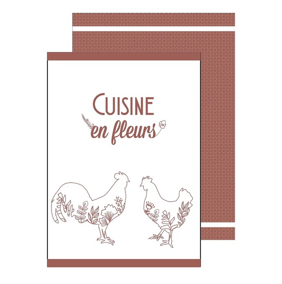 Lot de 2 torchons coqs et fleurs