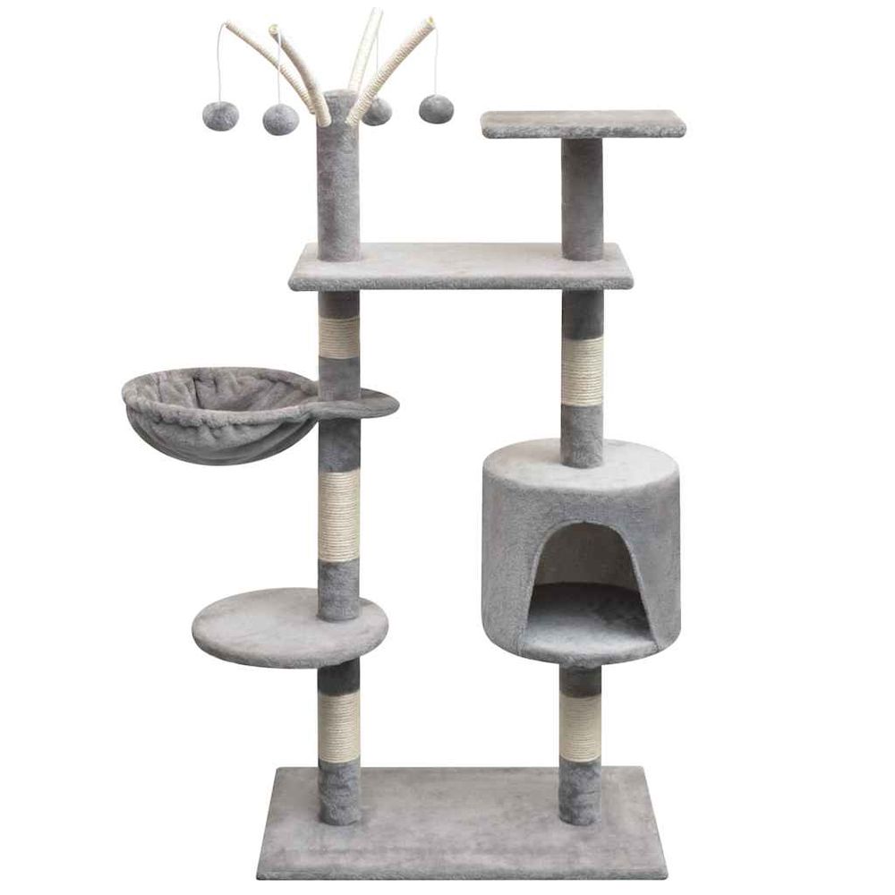 Arbre à chat 125 cm avec hamac griffoir sisal et jouets suspendus gris