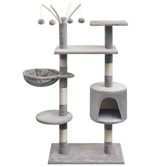 Arbre à chat 125 cm avec hamac griffoir sisal et jouets suspendus gris
