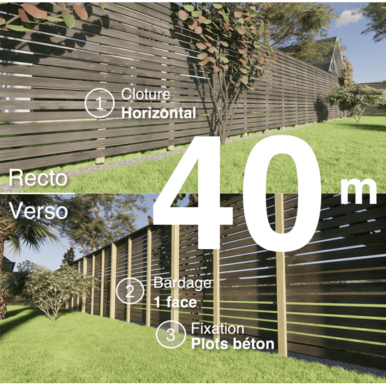 Kit clôture bois moderne 40m – h 1,9m – 20 x 70 mm noir par trempage – pose horizontal – simple face – à sceller