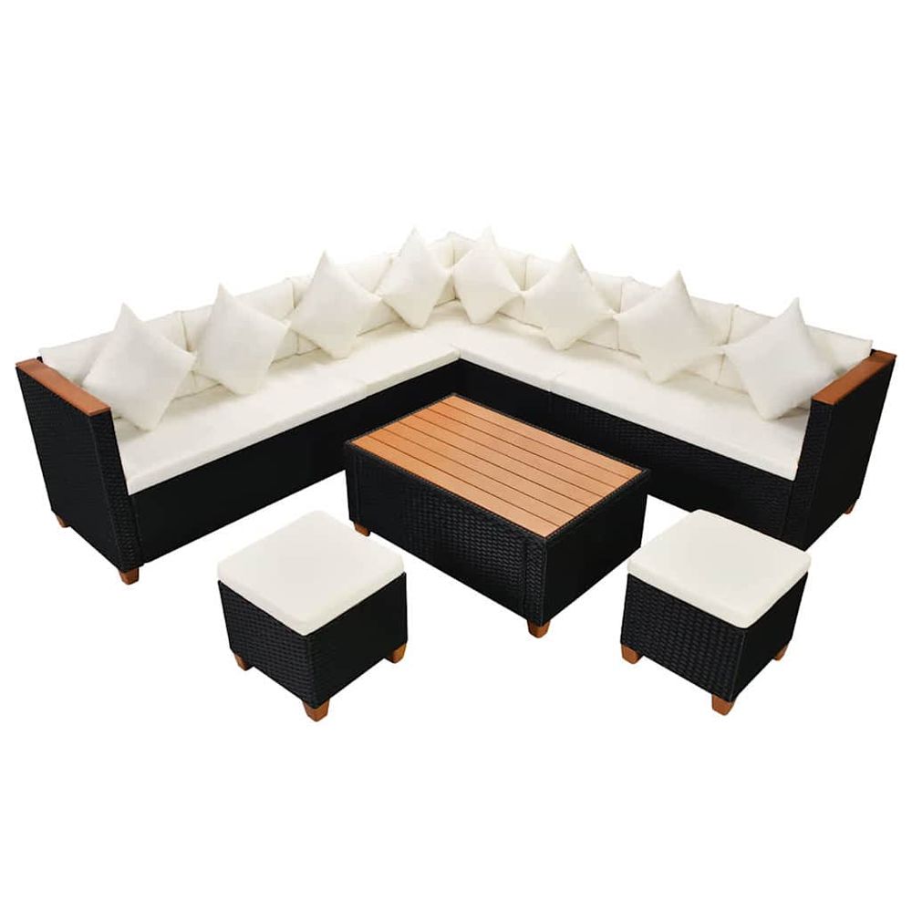 Salon de jardin 7 pcs avec coussins résine tressée noir
