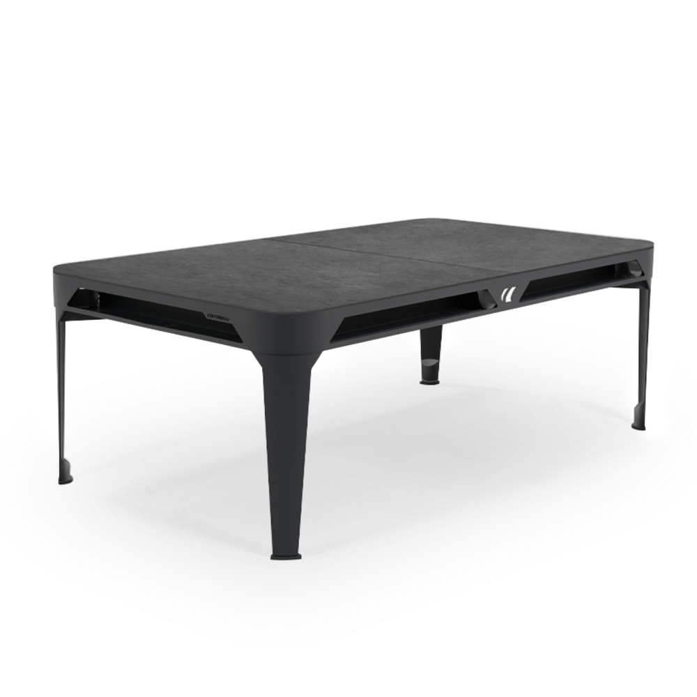 Billard d'extérieur convertible hyphen outdoor noir / tapis gris foncé / réceptacles : blanc polaire / plateaux : décor minéral