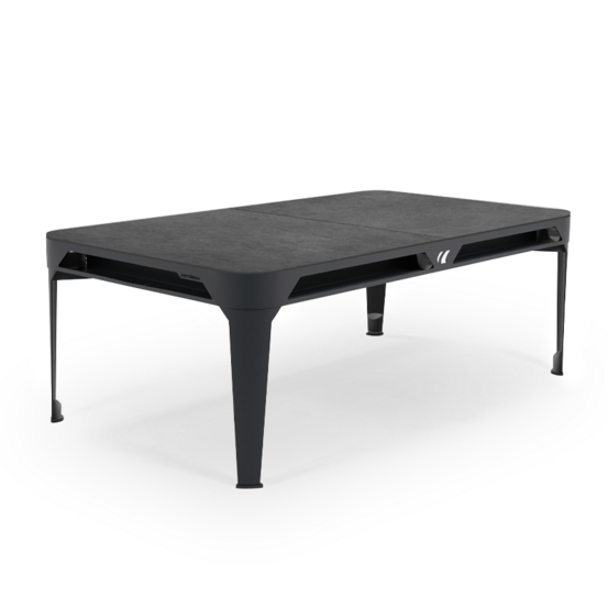 Billard d'extérieur convertible hyphen outdoor noir / tapis gris foncé / réceptacles : blanc polaire / plateaux : décor minéral