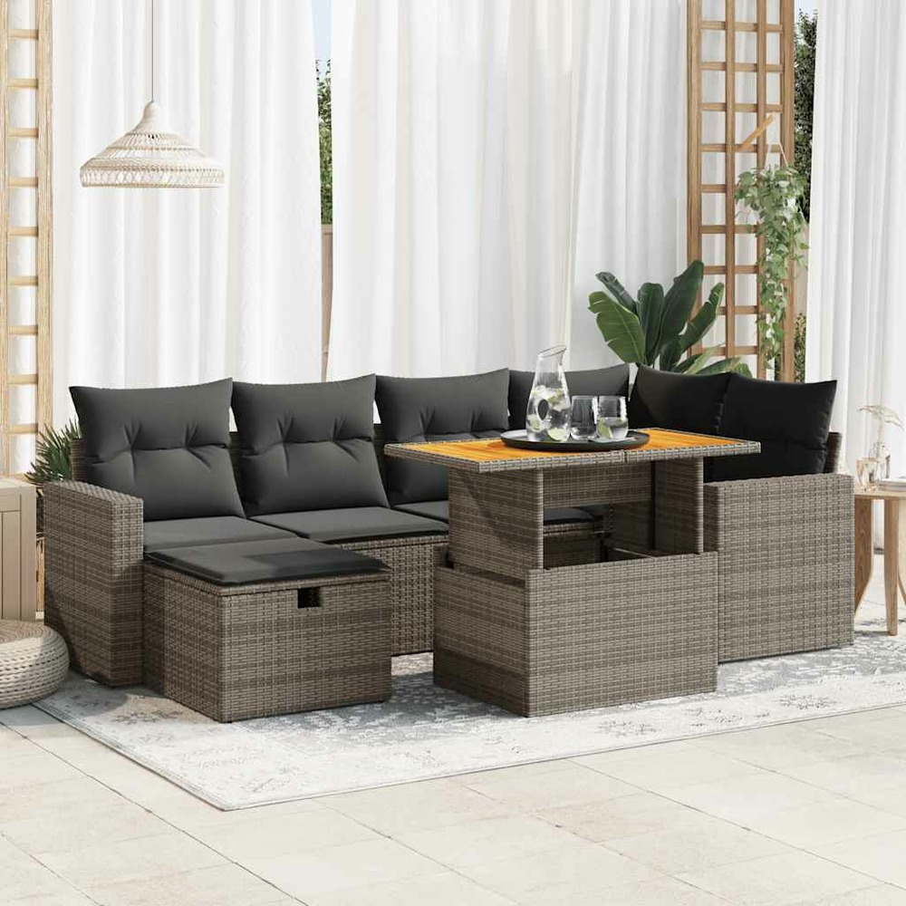 Salon de jardin avec coussins 8 pcs gris résine tressée acacia