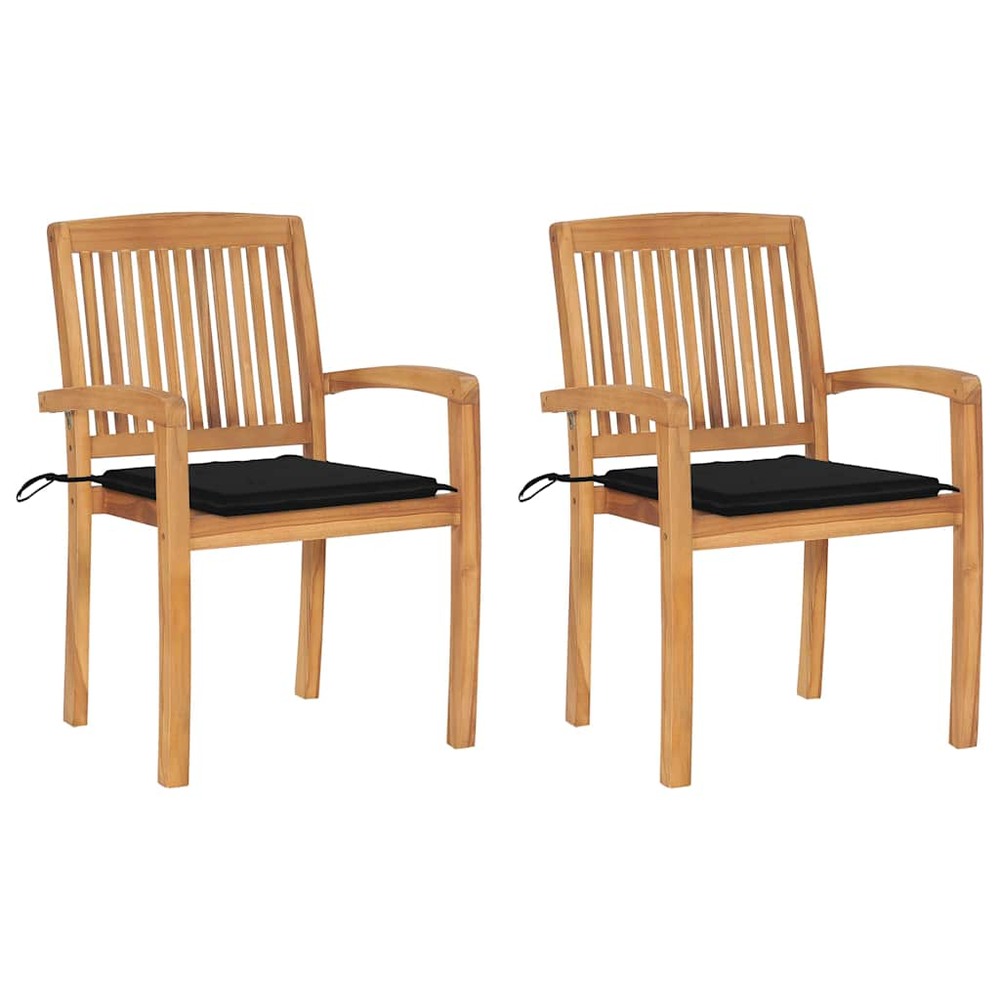 Chaises de jardin lot de 2 et coussins noir bois de teck massif