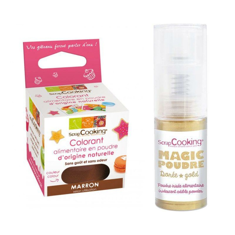 Colorant alimentaire naturel en poudre marron + poudre irisée dorée