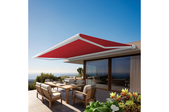 Store banne coffre intégral protect 2 led blanc 6x3,5m motorisé à télécommande + eclairage led - toile rouge