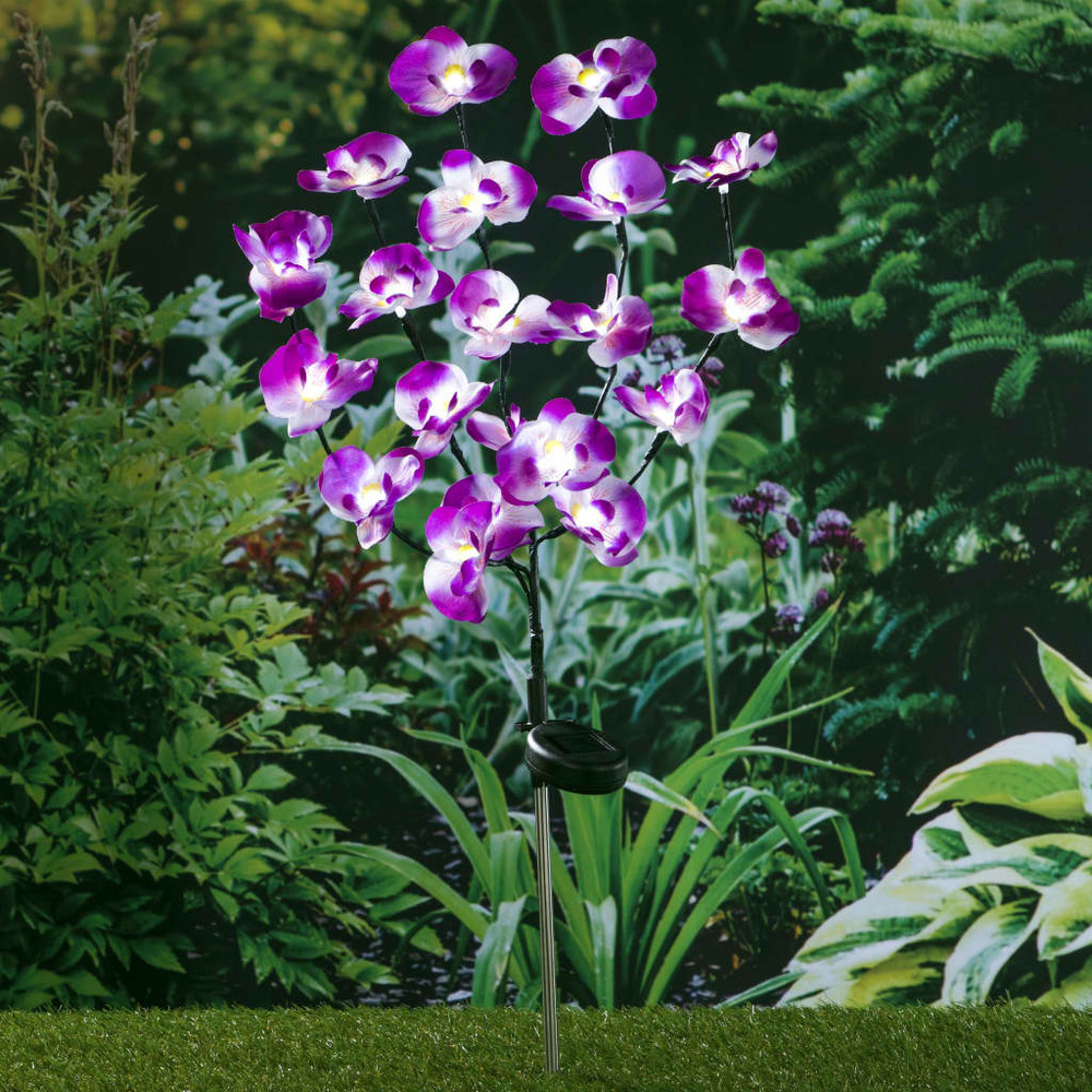 Lampe solaire à led de jardin en forme d'orchidée 75 cm
