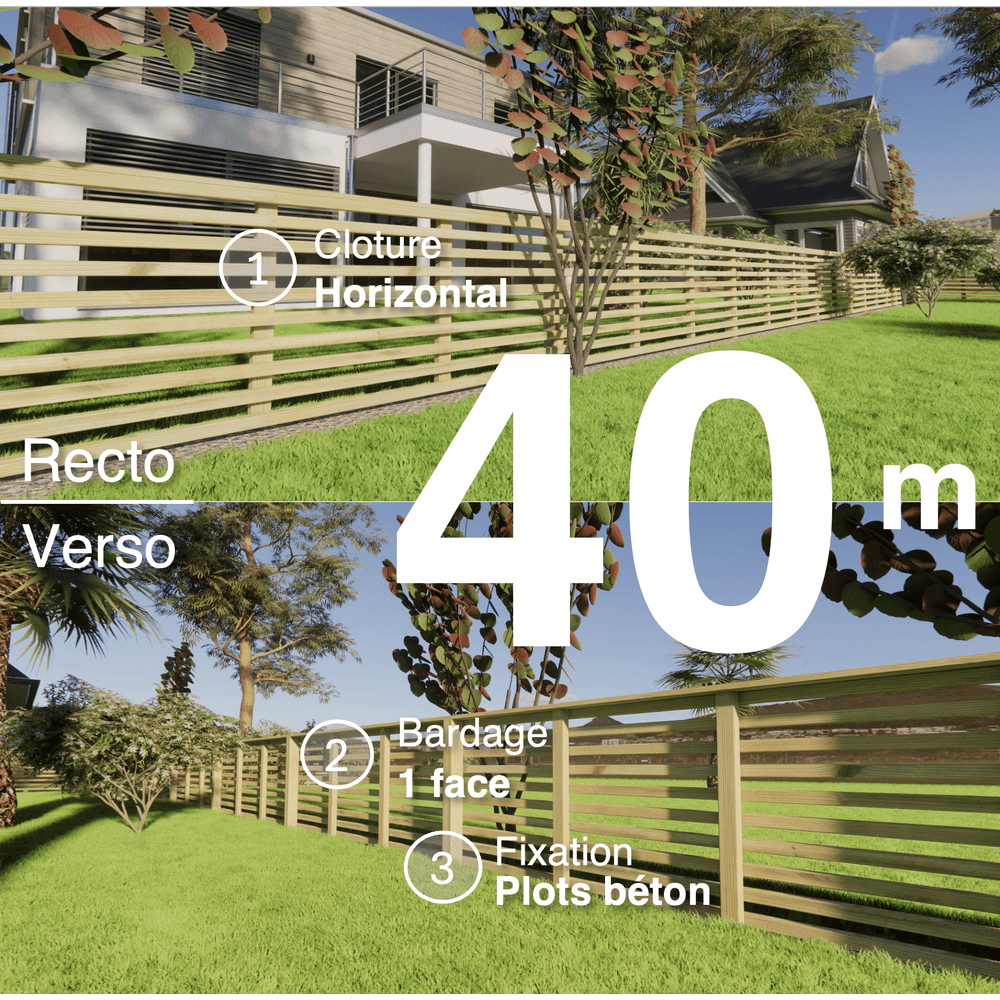 Kit clôture bois moderne 40m – h 0,9m – 45 x 45 mm autoclave – pose horizontal – simple face – à sceller
