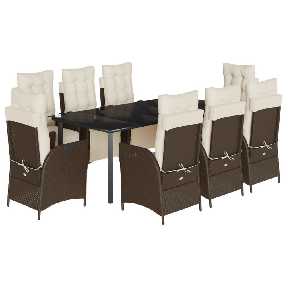 Ensemble à manger de jardin et coussins 9 pcs marron poly rotin
