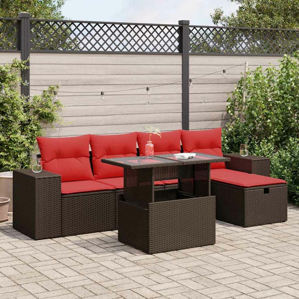Salon de jardin 6 pcs avec coussins marron résine tressée