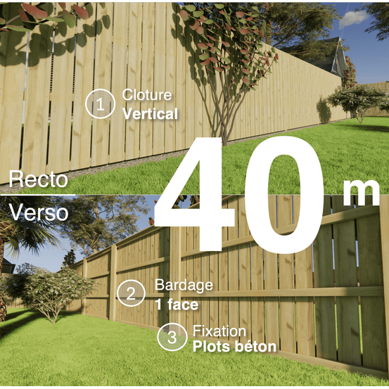 Kit clôture bois moderne 40m – h 1,9m – 21 x 145 mm autoclave vert – pose vertical – simple face – à sceller