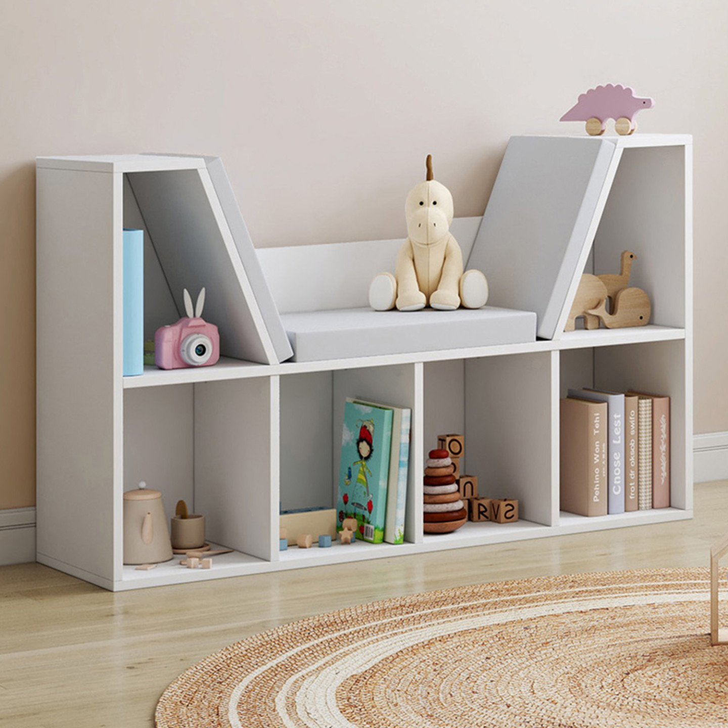 Bibliothèque banc oscar 6 cases avec coussins gris 102 cm blanc